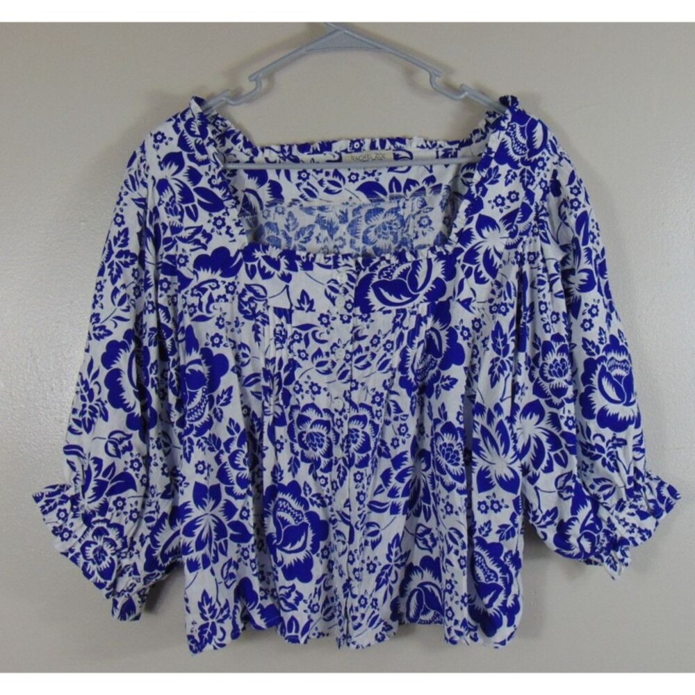 Rachel Zoe Linen Blend Blue White Floral Blouse Size Small Boho Prairie Cottage